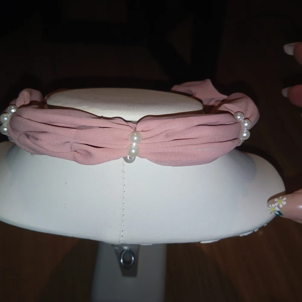 Dusty Rose Chiffon And Small Pearl Wide Bubble Headband